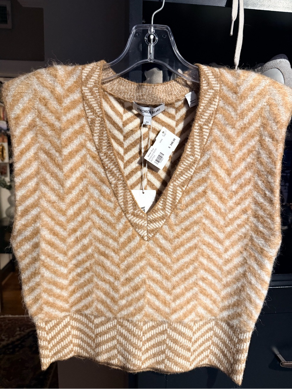 Veronica Beard Tan & White Herringbone V-Neck Sweater Vest